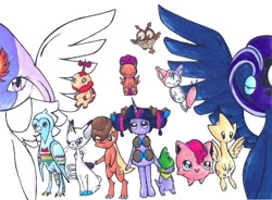 Size: 500x368 | Tagged: safe, artist:fireflyeievui, imported from derpibooru, apple bloom, applejack, fluttershy, pinkie pie, princess celestia, princess luna, rainbow dash, rarity, scootaloo, spike, sweetie belle, twilight sparkle, axew, azelf, bagon, cranidos, glameow, gothorita, hoothoot, jigglypuff, skitty, togetic, tranquill, turtwig, uxie, crandidos, female, pokefied, pokémon, rampardos, simple background, species swap, white background