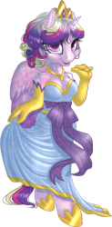 Size: 681x1386 | Tagged: safe, artist:kittehkatbar, imported from derpibooru, princess cadance, anthro, unguligrade anthro, alternate hairstyle, clothes, crown, dress, gloves, hooves, jewelry, necklace, regalia, ribbon, short hair, short mane, simple background, tiara, transparent background