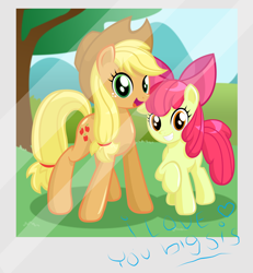 Size: 2400x2600 | Tagged: safe, artist:danmakuman, imported from derpibooru, apple bloom, applejack, earth pony, pony, adorabloom, cute, duo, female, jackabetes, photo, siblings, sisters