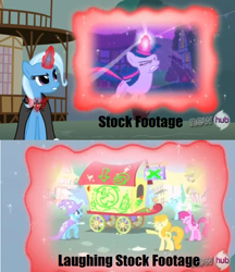 Size: 500x579 | Tagged: safe, edit, edited screencap, imported from derpibooru, screencap, berry punch, berryshine, carrot top, golden harvest, shoeshine, trixie, twilight sparkle, boast busters, magic duel, hub logo, pun