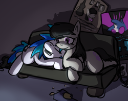 Size: 1280x1013 | Tagged: safe, artist:johnnoz, imported from derpibooru, dj pon-3, octavia melody, vinyl scratch, female, lesbian, scratchtavia, shipping, sleeping