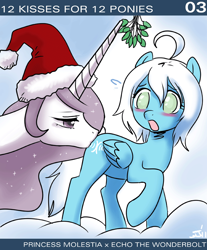 Size: 650x786 | Tagged: safe, artist:johnjoseco, imported from derpibooru, princess celestia, oc, oc only, oc:echo the wonderbolt, ask princess molestia, princess molestia, bedroom eyes, blind, blushing, butt kiss, christmas, cloud, embarrassed, kissing, looking back, mistletoe, open mouth, raised hoof, surprise butt kiss, surprised, sweat, wide eyes