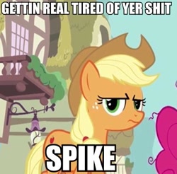 Size: 417x410 | Tagged: safe, imported from derpibooru, applejack, spike at your service, wonderbolts academy, applejack is not amused, caption, unamused, vulgar