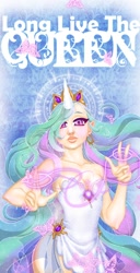 Size: 488x950 | Tagged: safe, artist:dark-cyrin, imported from derpibooru, princess celestia, human, clothes, dress, female, horned humanization, humanized, magic, poster, skinny, solo