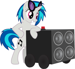 Size: 1208x1105 | Tagged: safe, artist:ah-darnit, imported from derpibooru, dj pon-3, vinyl scratch, pony, unicorn, epic wub time, bass cannon, big red button, bipedal, female, mare, simple background, smiling, solo, speaker, sunglasses, transparent background, vector