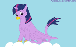 Size: 2364x1466 | Tagged: safe, alternate version, artist:auroracuno, imported from derpibooru, twilight sparkle, griffon, alternate design, cloud, female, griffonized, horn, nervous, signature, sky, solo, species swap