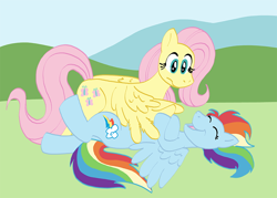 Size: 900x645 | Tagged: safe, artist:tabbiewolf, imported from derpibooru, fluttershy, rainbow dash, duo, eyes closed, happy, laughing, on back, tickling