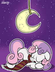 Size: 1000x1300 | Tagged: dead source, safe, artist:slitherpon, imported from derpibooru, sweetie belle, pony, unicorn, clothes, crescent moon, female, filly, foal, harry potter, harry potter (series), moon, parody, scar, scarf, sleeping, solo