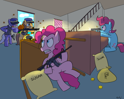 Size: 1750x1400 | Tagged: safe, artist:rapidstrike, imported from derpibooru, caramel, cup cake, pinkie pie, oc, oc:blue fuzz, ar-15, ar15, caramel is awesome, crime, criminal, fbi open up, food, gun, money, pistol, police, police pony, raid, rifle, shootout, shotgun, sugar (food)