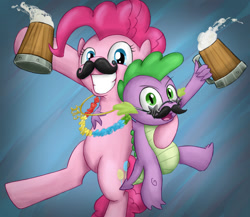 Size: 960x833 | Tagged: dead source, safe, artist:xioade, imported from derpibooru, pinkie pie, spike, dragon, earth pony, pony, 2013, cider, happy new year, moustache