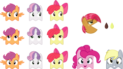 Size: 3000x1696 | Tagged: safe, artist:caffeinejunkie, imported from derpibooru, apple bloom, babs seed, derpy hooves, pinkie pie, scootaloo, sweetie belle, pegasus, pony, one bad apple, crossover, cutie mark crusaders, female, mare, no mouth, no nose, pac-man, simple background, transparent background