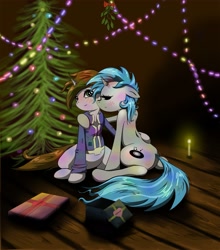 Size: 2195x2500 | Tagged: dead source, safe, artist:hereticofdune, imported from derpibooru, oc, oc only, fallout equestria, christmas tree, fanfic, female, lesbian, mistletoe, tree