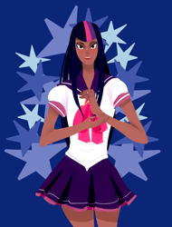 Size: 500x659 | Tagged: safe, artist:kvitrika, imported from derpibooru, twilight sparkle, human, clothes, dark skin, humanized, sailor uniform, school uniform