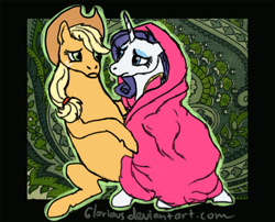 Size: 800x647 | Tagged: safe, artist:gloriaus, imported from derpibooru, applejack, rarity, magic duel, blanket, female, lesbian, rarijack, shipping