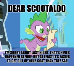 Size: 436x386 | Tagged: safe, edit, edited screencap, imported from derpibooru, screencap, spike, dragon, friendship is magic, caption, letter, male, meme, quill, spike's love letters, tongue out