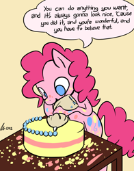 Size: 1100x1400 | Tagged: safe, artist:rwl, imported from derpibooru, pinkie pie, earth pony, pony, advice, baking, bob ross, cake, caption, cooking, cute, dialogue, diapinkes, discussion in the comments, female, food, frosting, heartwarming, icing bag, inspiration, inspirational, mare, motivational, positive ponies, quote, simple background, solo, speech bubble, steve ross, sweet dreams fuel, thought bubble, wholesome, yellow background