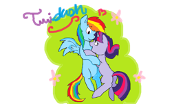 Size: 1024x622 | Tagged: safe, artist:xxxrainbowblitzxxx, imported from derpibooru, rainbow dash, twilight sparkle, pegasus, pony, unicorn, female, lesbian, missing cutie mark, shipping, twidash