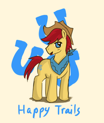 Size: 878x1040 | Tagged: safe, artist:tomato-al, imported from derpibooru, happy trails, earth pony, pony, apple family member, background pony, bandana, cowboy hat, cutie mark background, hat, male, simple background, solo, stallion