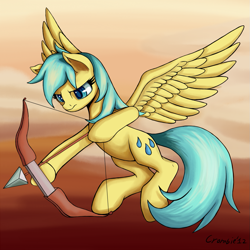 Size: 1023x1023 | Tagged: safe, artist:crombiettw, imported from derpibooru, sunshower raindrops, pony, archery, arrow, bow (weapon), bow and arrow, female, solo