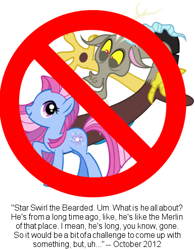 Size: 386x495 | Tagged: safe, imported from derpibooru, discord, star swirl, star swirl the bearded, draconequus, earth pony, pony, discord is star swirl, female, interview, jossed, male, mare, text