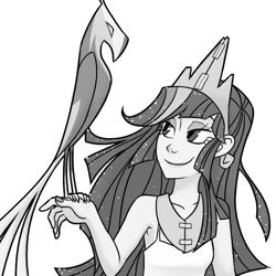 Size: 800x800 | Tagged: safe, artist:thelivingmachine02, imported from derpibooru, philomena, twilight sparkle, phoenix, armpits, costume, grayscale, humanized, monochrome, simple background, white background