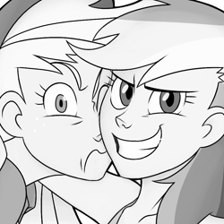 Size: 800x800 | Tagged: safe, artist:thelivingmachine02, imported from derpibooru, applejack, rainbow dash, human, the mysterious mare do well, applejack is not amused, bust, duo, duo female, female, grayscale, grin, humanized, monochrome, photo, portrait, scene interpretation, selfie, smiling, unamused