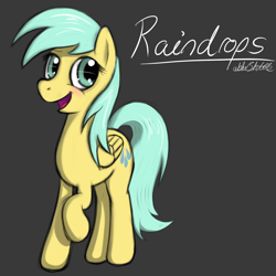 Size: 1000x1000 | Tagged: safe, artist:abluskittle, imported from derpibooru, sunshower raindrops, pegasus, pony, female, gray background, mare, raised hoof, signature, simple background, solo