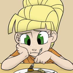 Size: 600x600 | Tagged: safe, artist:thelivingmachine02, imported from derpibooru, applejack, human, the cutie mark chronicles, colored, food, fork, humanized, manehatten applejack