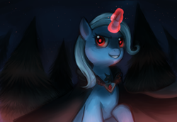 Size: 1280x880 | Tagged: dead source, safe, artist:cherivinca, imported from derpibooru, trixie, pony, unicorn, alicorn amulet, cape, clothes, female, glowing horn, mare, night, night sky, sky, smiling, solo, tree