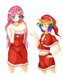 Size: 2400x2900 | Tagged: safe, artist:applestems, imported from derpibooru, fluttershy, rainbow dash, human, belly, blushing, christmas, clothes, dress, hearth warming, hearth's warming, humanized, midriff, simple background, skirt, transparent background