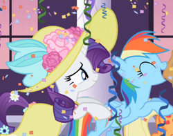 Size: 500x393 | Tagged: safe, imported from derpibooru, screencap, applejack, rainbow dash, rarity, sweet and elite, balloon, butt touch, confetti, conga, hoof on butt