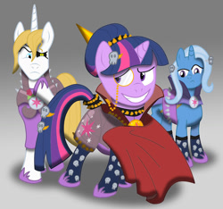 Size: 919x859 | Tagged: safe, artist:scyphi, imported from derpibooru, prince blueblood, trixie, twilight sparkle, alternate universe, eyepatch, fanfic, monocle, trio