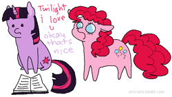 Size: 683x385 | Tagged: safe, artist:un1corns, imported from derpibooru, pinkie pie, twilight sparkle, book, female, lesbian, shipping, twinkie