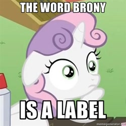 Size: 400x400 | Tagged: safe, edit, edited screencap, imported from derpibooru, screencap, sweetie belle, pony, ponyville confidential, brony, check your privilege, cropped, female, floppy ears, hoof on chin, image macro, label, meme, solo, sudden clarity sweetie belle