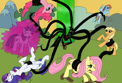 Size: 2760x1888 | Tagged: safe, artist:i3b4eva, imported from derpibooru, applejack, fluttershy, pinkie pie, rainbow dash, rarity, twilight sparkle, demon, earth pony, pegasus, pony, unicorn, crossover, crying, equestria is doomed, eyes closed, female, flying, force field, glare, gritted teeth, magic, mane six, mare, nergal, on back, open mouth, rearing, screaming, smiling, spread wings, tentacles, the grim adventures of billy and mandy, unicorn twilight, upside down, wide eyes, wink