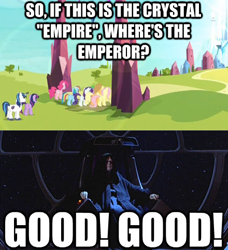 Size: 440x483 | Tagged: safe, edit, edited screencap, imported from derpibooru, screencap, applejack, fluttershy, pinkie pie, rainbow dash, rarity, shining armor, twilight sparkle, pony, the crystal empire, butt, caption, crystal empire, emperor palpatine, mane six, meta, plot, star wars, text