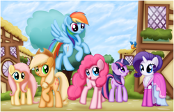 Size: 1400x900 | Tagged: safe, artist:ctb-36, imported from derpibooru, applejack, fluttershy, orange bird, pinkie pie, rainbow dash, rarity, twilight sparkle, pony, too many pinkie pies, alternate hairstyle, clothes, dress, mane six