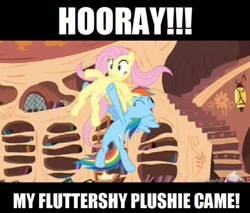 Size: 500x426 | Tagged: safe, imported from derpibooru, screencap, fluttershy, rainbow dash, pony, magic duel, duo, flying, full body, golden oaks library, holding a pony, image macro, letterboxing, lowres