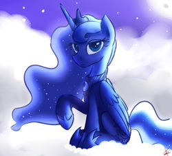 Size: 881x800 | Tagged: safe, artist:crade, imported from derpibooru, princess luna, alicorn, pony, cloud, cloudy, female, looking at you, mare, raised hoof, sitting, solo, solo female