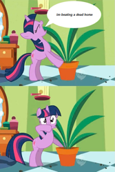 Size: 475x710 | Tagged: safe, edit, edited screencap, imported from derpibooru, screencap, twilight sparkle, pony, green isn't your color, comic, exploitable meme, female, meme, potted plant, screencap comic, secret pot meme, solo, speech bubble