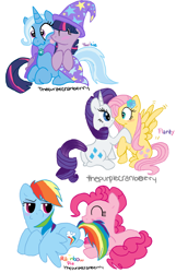 Size: 912x1412 | Tagged: safe, artist:thepurplecranberry, imported from derpibooru, fluttershy, pinkie pie, rainbow dash, rarity, trixie, twilight sparkle, blushing, female, flarity, lesbian, licking, pinkiedash, shipping, tail bite, twixie