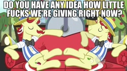 Size: 960x540 | Tagged: safe, edit, edited screencap, imported from derpibooru, screencap, flam, flim, the super speedy cider squeezy 6000, caption, couch, flim flam brothers, image macro, no fucks, vulgar