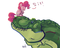 Size: 1280x1024 | Tagged: safe, artist:jump-cut, imported from derpibooru, gummy, pinkie pie, dinosaur, earth pony, pony, tyrannosaurus rex, badass, dinosaurified, eyes closed, happy, open mouth, ponies riding dinosaurs, raised hoof, riding, sitting, smiling, species swap, tyrannosaurus