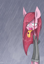 Size: 1024x1472 | Tagged: dead source, safe, artist:yuji8sushi, imported from derpibooru, pinkie pie, earth pony, pony, bipedal, clothes, lollipop, pinkamena diane pie, rain, tongue out, wet mane