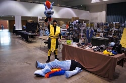 Size: 780x518 | Tagged: safe, imported from derpibooru, rainbow dash, human, cosplay, decapitated, fatality, head, irl, irl human, mortal kombat, photo, scorpion (mortal kombat), severed head