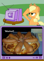 Size: 563x771 | Tagged: safe, imported from derpibooru, applejack, pony, corndog, exploitable meme, food, meme, photo, pizza, rainbow dash salutes, salute, tv meme