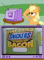 Size: 563x771 | Tagged: safe, imported from derpibooru, applejack, pony, bacon, exploitable meme, food, meat, meme, rainbow dash salutes, salute, snickers, tv meme