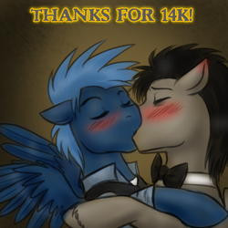 Size: 750x750 | Tagged: safe, artist:jitterbugjive, imported from derpibooru, doctor whooves, star hunter, time turner, pegasus, ask discorded whooves, blushing, crossover, discord whooves, doctor who, gay, jack harkness, kissing, male, shipping, stallion, stardoc, the doctor, torchwood