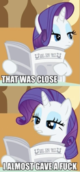 Size: 375x800 | Tagged: safe, imported from derpibooru, rarity, comic, image macro, newspaper, no fucks, reaction image, vulgar