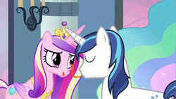 Size: 1280x720 | Tagged: safe, artist:capnpea, edit, imported from derpibooru, screencap, princess cadance, shining armor, eyeball licking, eyes closed, tongue out, wat, worried